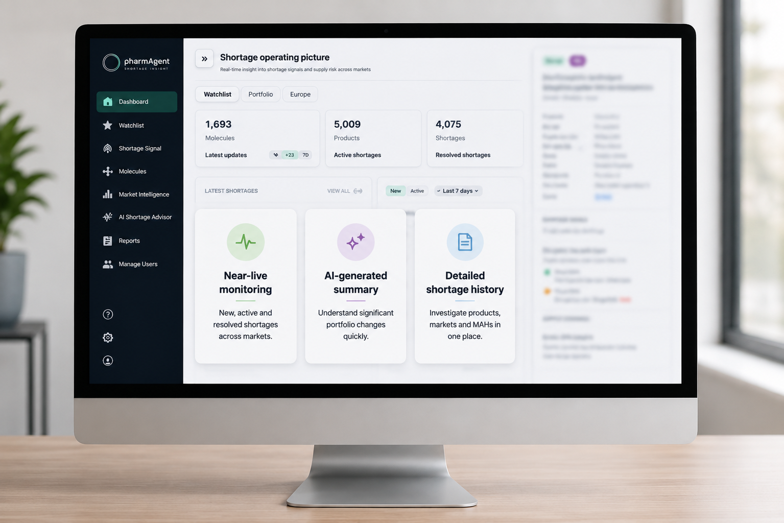 pharmAgent shortage insight dashboard displayed on a desktop monitor